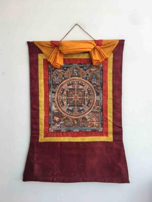 Vintage Buddha Mandala With Brocade | Tibetan Thangka Painting | Vintage Rare Find | Meditation Shrine